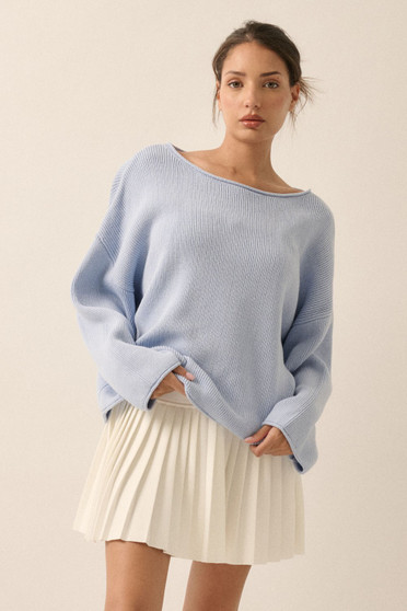 Solid Rib-Knit Oversized Boatneck Sweater