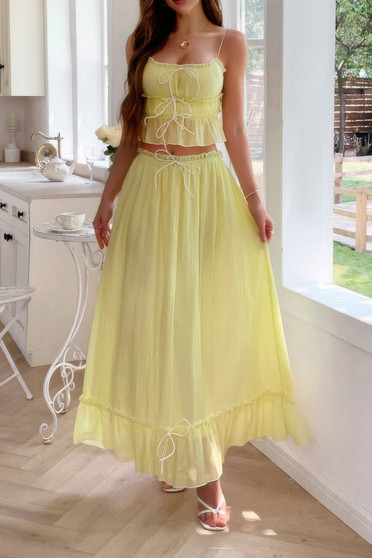 Two Pieces Frill Square Neck Cami Ruffle Hem Set