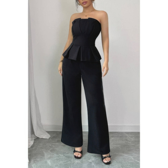 Off Shoulder Back Hide Zipper Pleated Fit Jumpsuit​