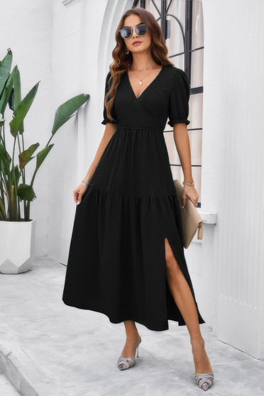 Solid V Neck Ruched High Waist Puff Sleeve Dress​