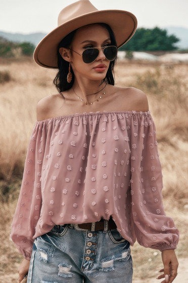 Off Shoulder Swiss Dot Long Sleeve Loose Top​