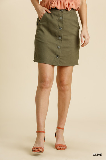Umgee Linen Blend Button Down Skirt with Pockets
