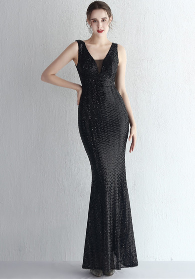 Women Iridescent Sequin Straps Deep v Formal Party Sequined Evening Dress