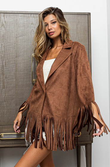 BiBi Suede Single Blazer with Fringed Hem