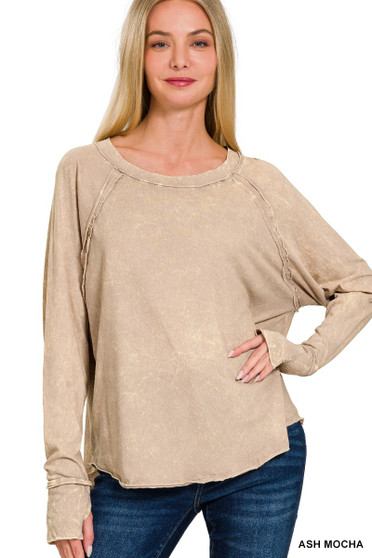 Zenana Crinkle Washed Thumb Hole Cuffs Long Sleeve Top