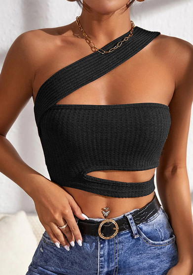 Women'S Sexy Cutout Knitting Camisole Crop Short Slash Shoulder Wrap Top