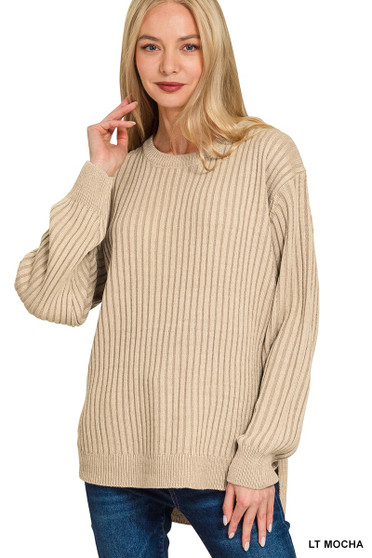 Zenana Curved Hem Two-Tone Ribbed Sweater