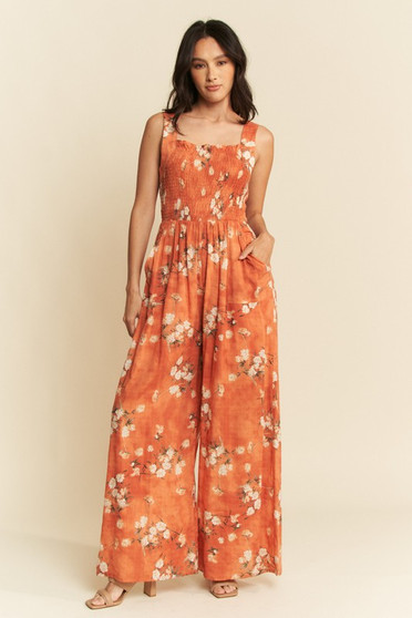 Davi & Dani Floral Ruffle Square Neck Smocking Bodice Jumpsuit