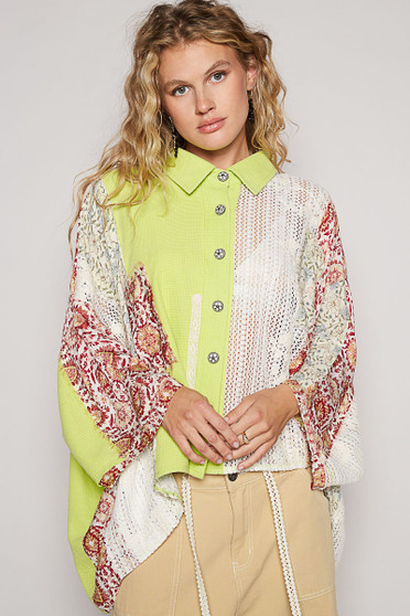 POL Thermal and Crochet Lace Mix Shirt with Floral Pattern