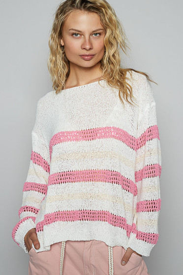 POL Striped Openwork Round Neck Knit Top