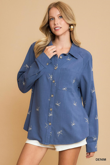 Umgee Linen Blend Fitted Shirt with Ribbon Embroidery Details
