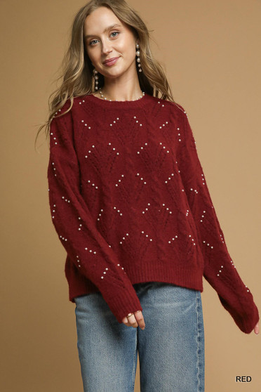 Umgee Pearl-Embellished Long Sleeve Sweater