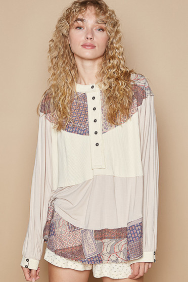 POL Half Button Balloon Sleeve Top with Printed Knit Contrast