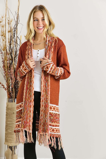 ADORA Full Size Fringe Hem Aztec Border Cardigan Plus Size