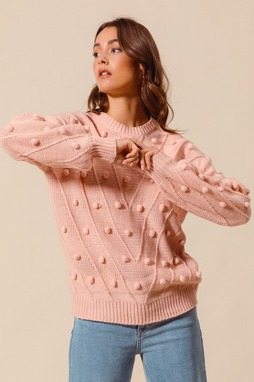 SO ME Pom Pom Textured Knit Sweater Top