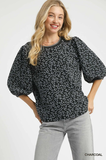 Umgee Leopard Print Jacquard Blouse with Puff Sleeves