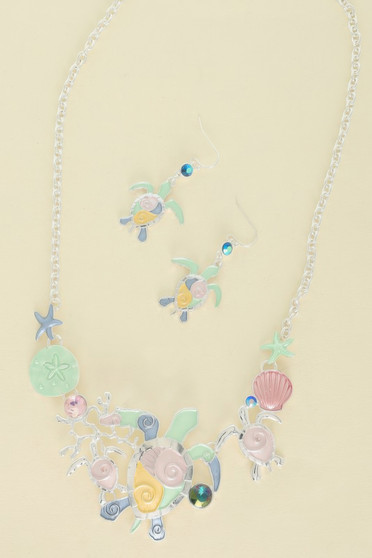 Sea Life Rhinestone Metal Bib Necklace Set​