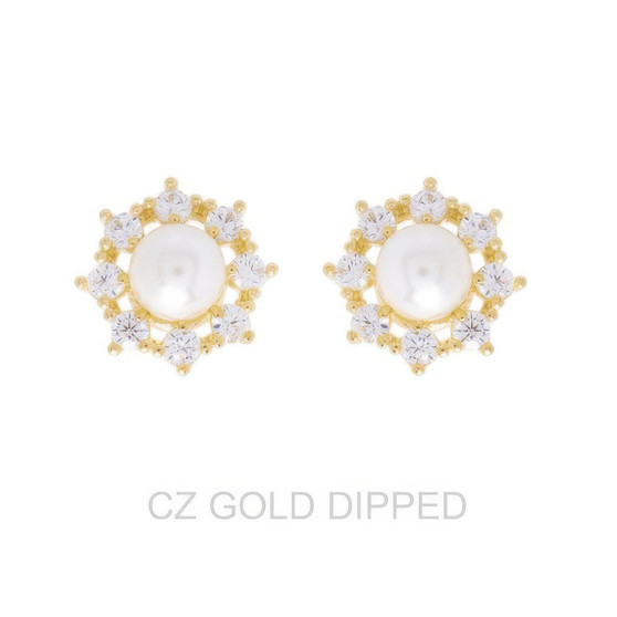 Gold Dipped Cz Pearl Halo Drop Earrings