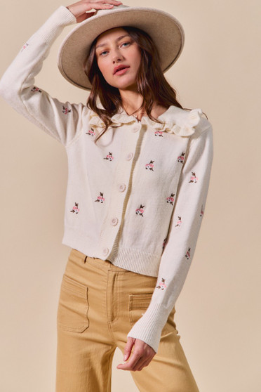 SO ME Collared Floral Embroidered Button Down Sweater Cardigan