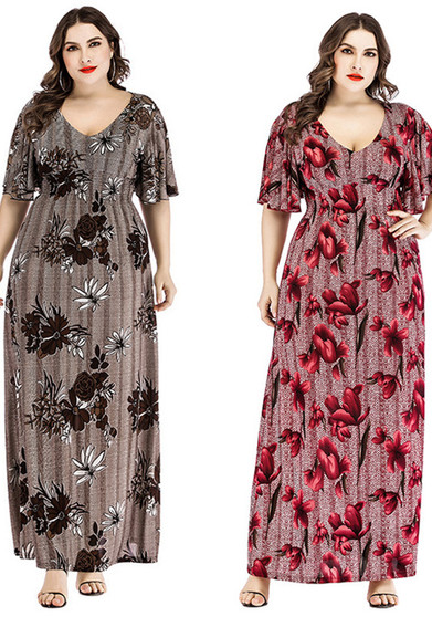 Plus Size Women V-Neck Printed Maxi Dress