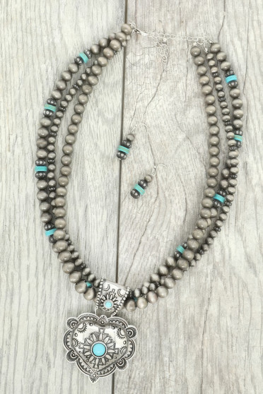 Western Turquoise Heart Pendant Necklace Set