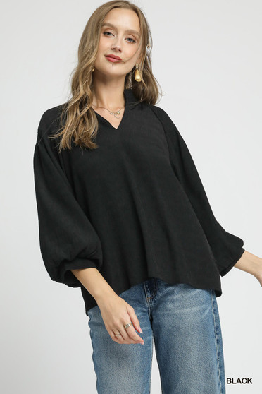 Umgee Textured V-Neck Blouse with Balloon Sleeves