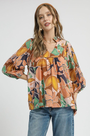Umgee Multicolor Abstract Floral Print Blouse with Ruffle Neck