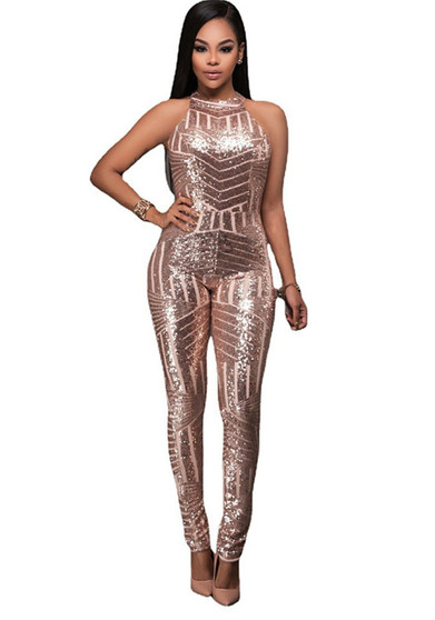 Women's Round Neck Low Back Halter Neck Sleeveless Bodycon Sequin Jumpsuit