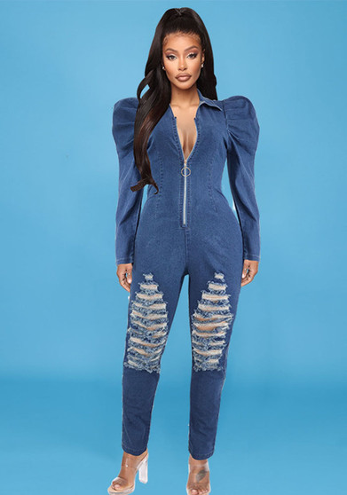 Women's Fall Puff Sleeve Ripped Jumpsuit