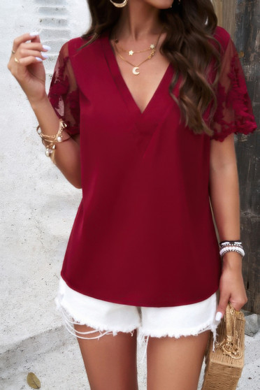 Solid Lace Floral V Neck Short Sleeve Shirt