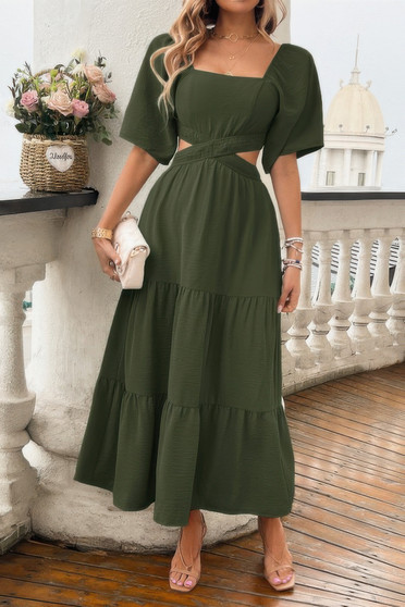 Solid Square Neck Cut Out Cross Ruffle Dress