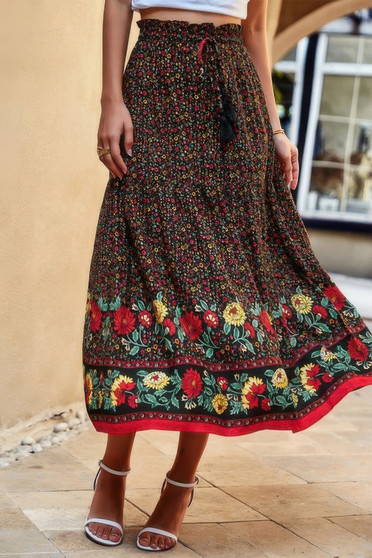 High Rise Drawstring Ruffled Maxi Skirt