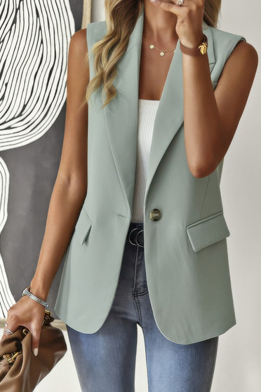 Sleeveless Solid Pockerts Button Front Open Suit