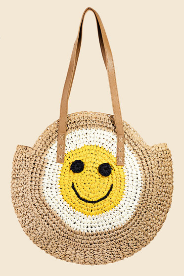 Fame Straw Braided Round Happy Face Tote Bag