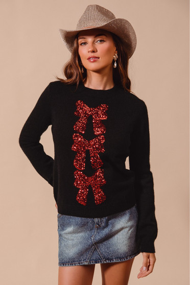 SO ME Sequins Bow Ribbon Embellished Christmas Sweater