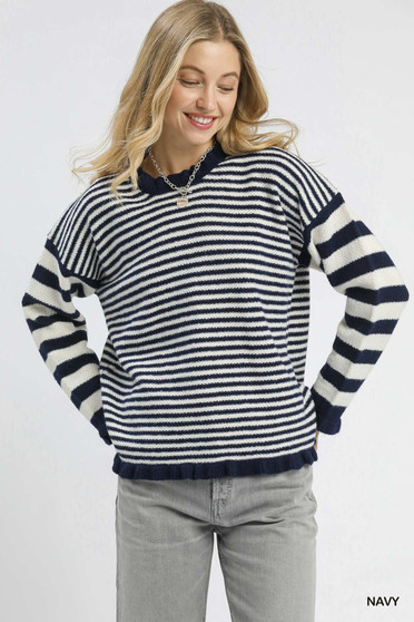 Umgee Ruffle Neck Stripe Sweater