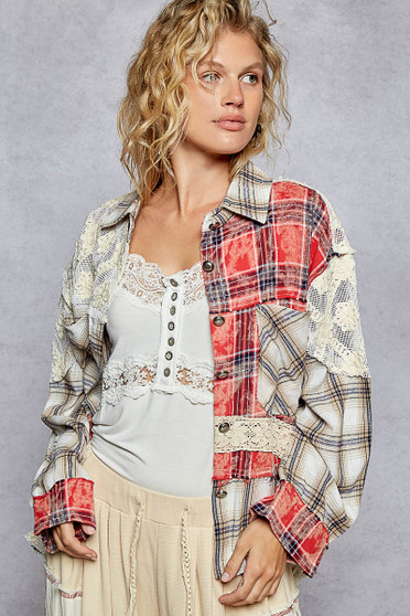 POL Lace Patchwork Plaid Oversized Shirt