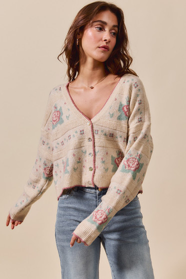 SO ME Floral Pattern Long Sleeve Button Sweater Cardigan
