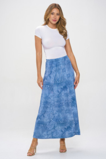 Elastic Waistband Denim Print Long Flared Skirt