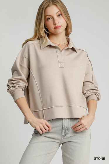 Umgee Exposed Seam Long Sleeve Polo Top with Side Slit