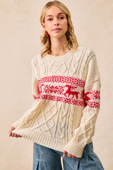 BiBi Christmas Theme Patterned Cable Knit Sweater