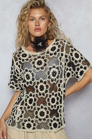 POL Openwork Short Sleeve Crochet Knit Top with Weave Knit Patterns