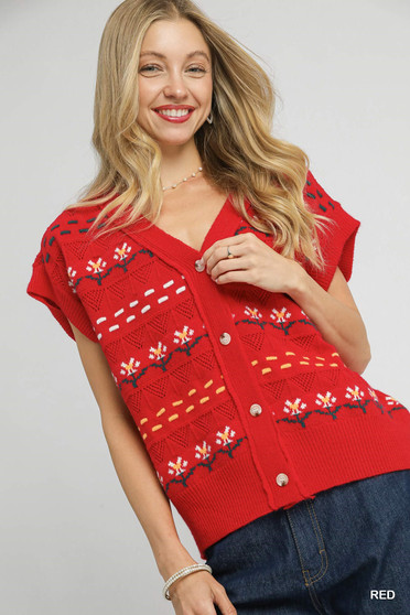Umgee Button-Down Knit Vest with Floral Pattern