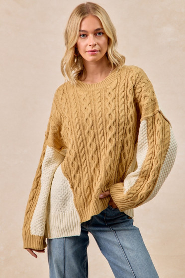 BiBi Cable Knit With Hacci Combo Sweater With Uneven Hem Detail