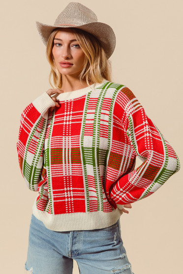 SO ME Christmas Color Checkered Plaid Crew Neck Sweater