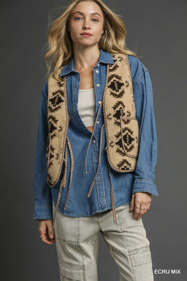 Umgee Mix Patterned Sherpa Tie-Front Vest