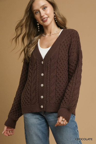 Umgee Cable Knit Pearl Button Cardigan