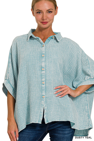 Zenana Washed Double Gauze Button Down Half Sleeve Shirt