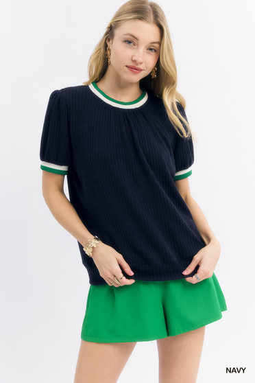 Umgee Puff Sleeve Knit Top with Contrast Rib Trim