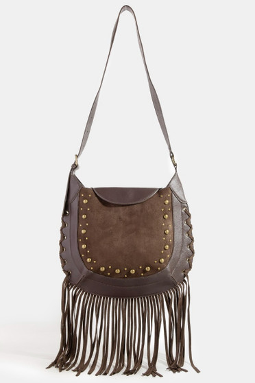 Fame Rivet Trim Suede Fringe Shoulder Bag